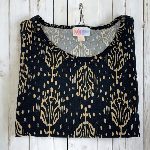 Lularoe Irma Half Sleeve Tunic High Low Cotton Blend Sz XXS Black Beige Print - Picture 4 of 5